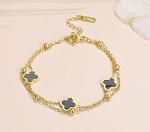 Lắc chân nữ titan 2 tầng hoa 4 cánh LV màu vàng 24k