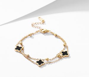 Lắc chân nữ titan 2 tầng hoa 4 cánh LV màu vàng 24k