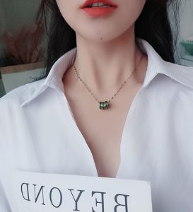 Dây chuyền titan 3 khoanh tròn đá xanh màu vàng24k