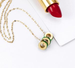 Dây chuyền titan 3 khoanh tròn đá xanh màu vàng24k