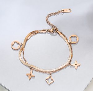 Lắc tay nữ titan LV phong cách 2 sợi màu hồng 14k