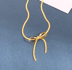 Dây chuyền titan mì dẹp thắt hình chiếc nơ màu vàng