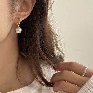 TB039c-Bông tai nữ titan khoen tròn ngọc trai