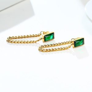 TB040e-Bông tai nữ titan mặt chữ nhật đá màu xanh