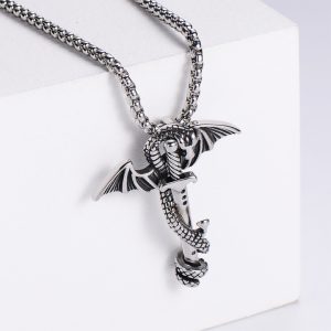 MD055a-Mặt dây chuyền nam titan con rồng quấn cây kiếm