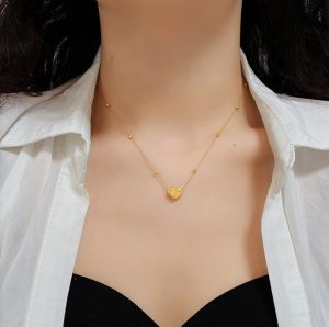 TN646d-Dây chuyền, vòng cổ nữ bi cách điệu titan mặt trái tim màu vàng