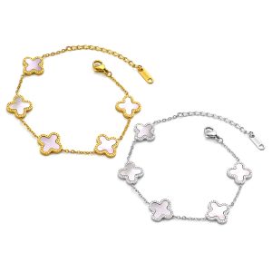 TA082a-Lắc tay nữ titan hoa 4 cánh Van Cleef nền xà cừ trắng