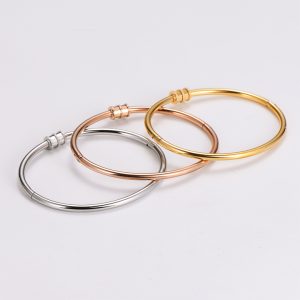 TV208b-Vòng tay nữ titan trơn mặt chủ ống tròn 3 sọc chạm