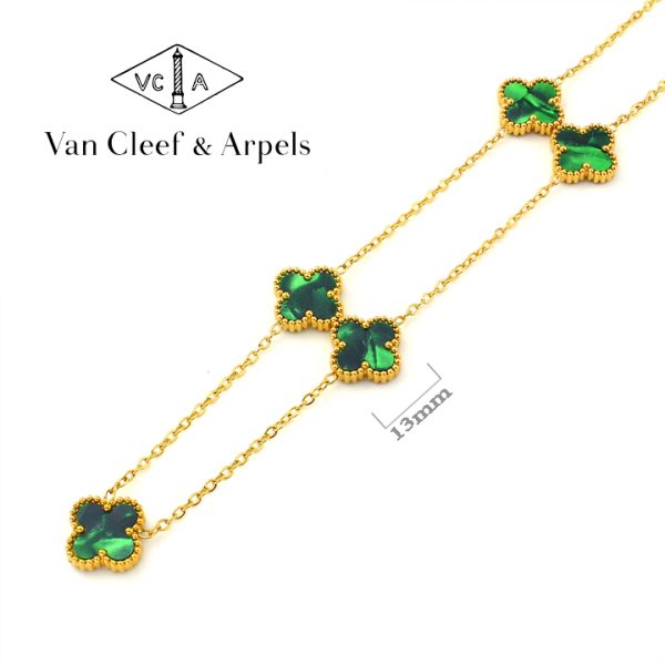 TN845a Dây chuyền nữ titan 5 bông hoa 4 cánh van cleef 13mm xanh ngọc lục bảo