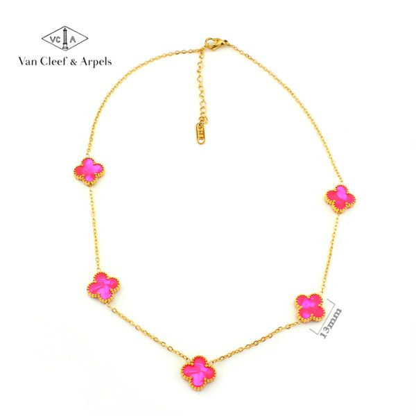 TN848b Dây chuyền nữ titan 5 bông van cleef 13mm hồng dạ quang