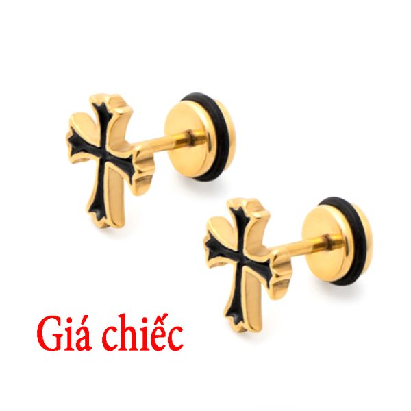 BT297b-Bông tai inox nam hình thánh giá mạ vàng độc cá tính
