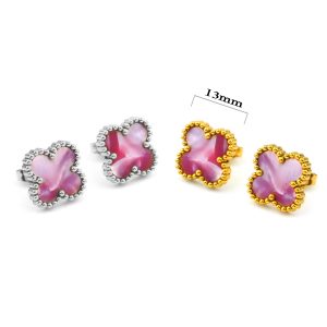 TB143a Bông hoa tai titan cỏ 4 lá van cleef vân đá 13mm