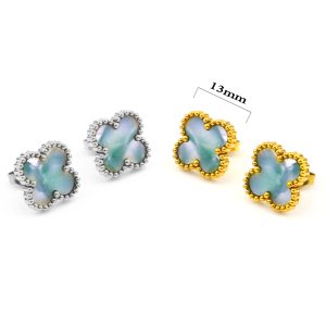 TB158a Bông hoa tai titan cỏ 4 lá van cleef vân đá 13mm