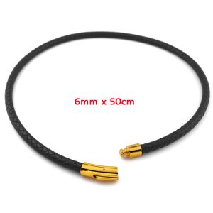 DN061d Dây chuyền da đen 6mm thắt bính khóa titan xin mạ màu vàng