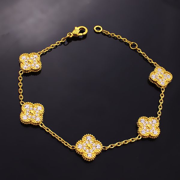 TA230h Lắc tay nữ titan 5 hoa 4 cánh van cleef đính full đá trắng size 11mm