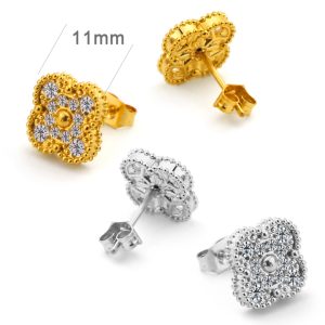 TB303c Bông tai nữ titan hoa 4 cánh van cleef đính full đá trắng size 11mm