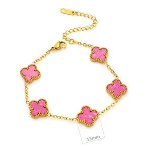TA318a Lắc tay nữ titan 5 bông hoa van cleef màu hồng cách điệu size 13mm