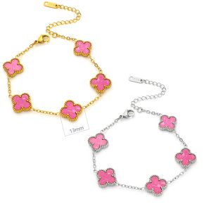 TA318c Lắc tay nữ titan 5 bông hoa van cleef màu hồng cách điệu size 13mm