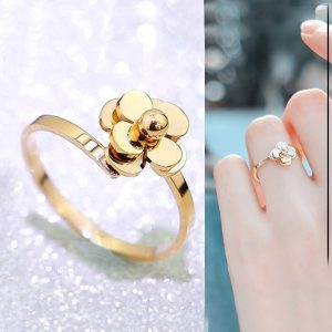 TC015 Nhẫn titan hoa trà freesize quá xinh màu vàng