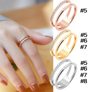 TC116 Nhẫn titan 2 vòng, 2 hàng, 1 vòng trơn và 1 vòng đính full hột xoàn