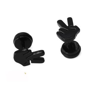 BT243 Bông tai tạ đen inox hình hai ngón tay