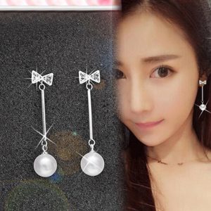 BT339 Bông tai nơ inox màu trắng rớt cách điệu ngọc trai